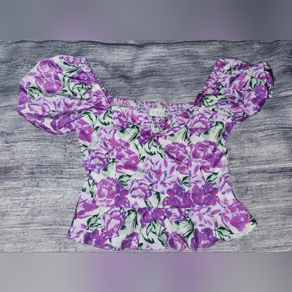 WAYF Puffed Sleeves Floral Satin Crop Top Size Small